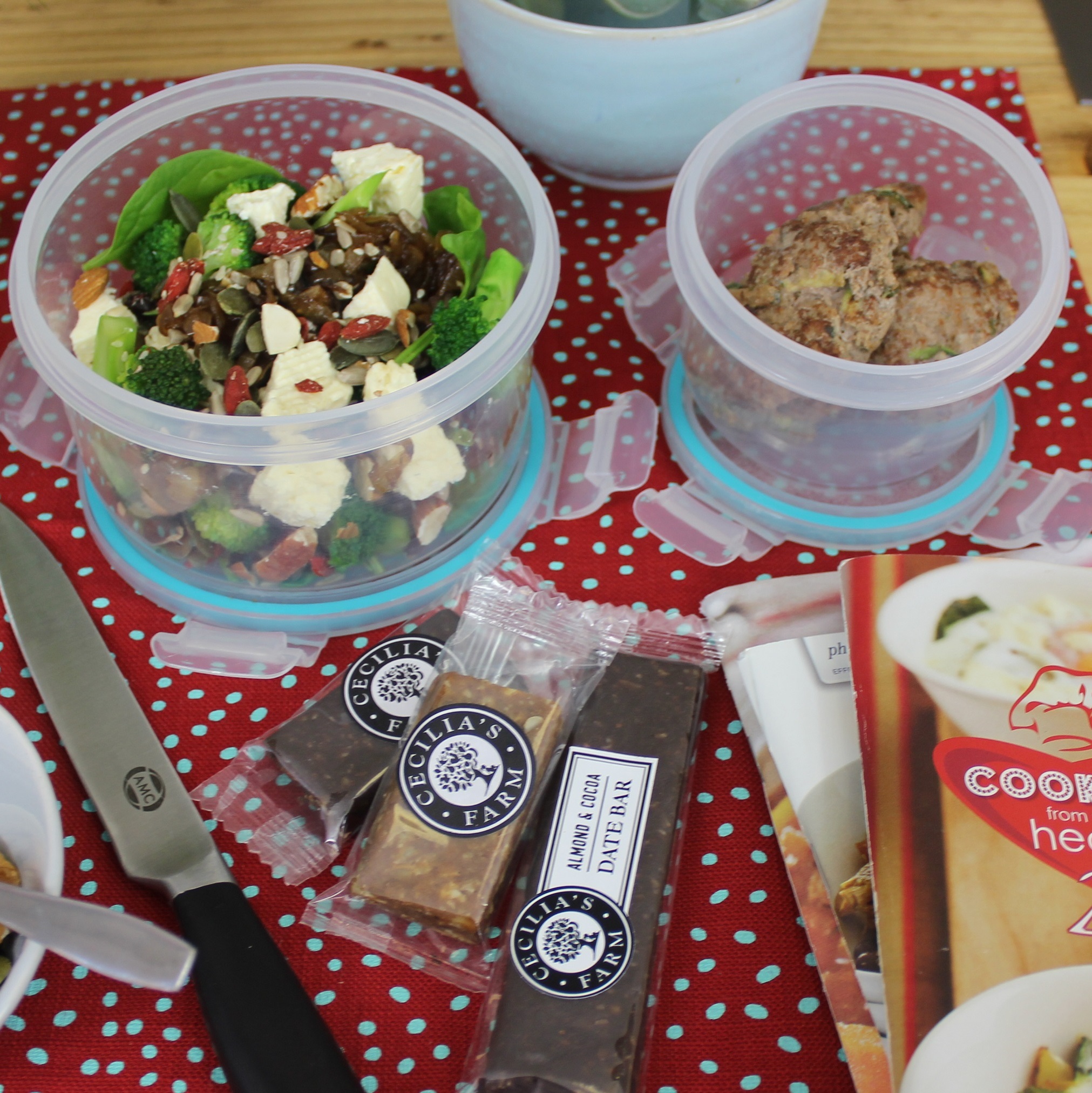 Broccoli & caramalised onion salad with meatballs